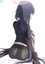 Rule 34 | 1girl, absurdres, ass, black hair, black pantyhose, black shirt, blue archive, blush, commentary, from behind, full body, hairband, halo, highres, kneeling, long hair, long sleeves, makicha (sasurainopink), pantyhose, purple hairband, shirt, simple background, sitting, soles, solo, ui (blue archive), wariza, white background, yellow halo