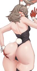 Rule 34 | 1girl, absurdres, animal ears, arknights, ass, ass grab, black leotard, blush, breasts, brown eyes, brown hair, caper (arknights), gloves, grabbing own ass, hair between eyes, highres, leotard, long hair, looking at viewer, looking back, mole, mole on thigh, ok sign, open mouth, playboy bunny, rabbit ears, rabbit girl, radioneet, red gloves, simple background, single thighhigh, small breasts, solo, teeth, thigh gap, thighhighs, upper teeth only, white background, white wrist cuffs, wrist cuffs