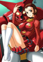Rule 34 | 1girl, belt, boots, breasts, brown eyes, brown hair, carrying, covered erect nipples, female focus, getter-1, getter robo, gradient background, hairband, impossible clothes, impossible shirt, jilpoong17, large breasts, legs, looking at viewer, panties, pantyshot, robot, saotome michiru, shirt, short hair, simple background, thighs, toei animation, underwear, white legwear, white panties