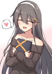 Rule 34 | 1girl, ^ ^, akahi242, bare shoulders, black sweater, blush, box, casual, closed eyes, collarbone, commentary, closed eyes, gift, gift box, grey hair, hair between eyes, hair ornament, hairband, hairclip, haruna (kancolle), heart, holding, holding box, holding gift, kantai collection, long hair, off-shoulder sweater, off shoulder, open mouth, simple background, smile, solo, spoken heart, sweater, white background, white hairband