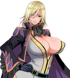 Rule 34 | 1girl, ascot, belt, black gloves, blonde hair, blush, breasts, cape, cleavage, closed mouth, covered erect nipples, genderswap, genderswap (mtf), gloves, hand on own hip, heterochromia, huge breasts, jacket, long hair, long sleeves, open clothes, open jacket, red eyes, richard (tales), smile, solo, tales of (series), tales of graces, upper body, usagi nagomu, wide sleeves, yellow eyes