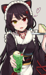 Rule 34 | 1girl, absurdres, animal ears, apron, black collar, black hair, black kimono, blush, cherry, collar, commentary request, cup, dog ears, dog hair ornament, fang, flower, food, frills, fruit, grey background, hair flower, hair ornament, hand up, heart, heterochromia, highres, holding, holding cup, holding tray, inui toko, japanese clothes, kimono, kirikan (cokekiri), long hair, long sleeves, looking at viewer, low twintails, maid, maid headdress, nijisanji, obi, open mouth, outstretched arm, red eyes, sandwich, sash, smile, solo, spoon, tray, twintails, virtual youtuber, wa maid, waist apron, yellow eyes