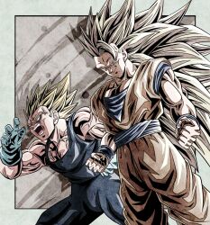 Rule 34 | 2boys, anger vein, angry, biceps, blonde hair, blue bodysuit, blue sash, blue shirt, blue wristband, bodysuit, border, clenched hands, closed mouth, commentary request, dougi, dragon ball, dragonball z, gloves, green eyes, grey background, hand up, long hair, majin vegeta, male focus, multiple boys, muscular, muscular male, no eyebrows, open mouth, orange pants, outside border, pants, pectorals, sash, shirt, short sleeves, simple background, sleeveless, sleeveless bodysuit, smile, smirk, son goku, spiked hair, standing, super saiyan, super saiyan 3, teeth, tongue, ushi (akabec0), v-shaped eyebrows, vegeta, veins, very long hair, white border, white gloves, wristband
