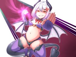Rule 34 | 1girl, bare shoulders, black horns, breasts, commission, demon girl, demon tail, fingerless gloves, flower, gloves, grin, hair flower, hair ornament, highres, horns, looking at viewer, navel, pointy ears, powering up, raichi (ddq0246), short hair, skeb commission, small breasts, smile, solo, succubus prison, tail, vinum (succubus prison), white hair, yellow eyes
