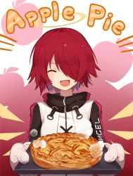 Rule 34 | 1girl, apple pie, arknights, english text, exusiai (arknights), eyebrows hidden by hair, closed eyes, fruit background, hair over one eye, halo, kazana (sakuto), oven mitts, red hair, smile, solo, tray