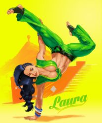 Rule 34 | 1girl, asymmetrical hair, black hair, breasts, cleavage, cornrows, enrique, front-tie top, handstand, highres, large breasts, laura matsuda, looking at viewer, navel, smile, solo, stomach, street fighter, street fighter v, toeless legwear, toes, toned, upside-down, vest