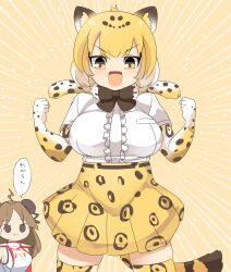 Rule 34 | 2girls, :3, :d, ahoge, animal ears, animal print, black bow, black bowtie, blonde hair, blush, bow, bowtie, breasts, brown eyes, brown hair, cat ears, cat girl, cat tail, center frills, character request, clenched hands, commentary request, cowboy shot, double bun, elbow gloves, fangs, frills, gloves, hair bun, highres, jaguar (kemono friends), kemono friends, large breasts, leopard print, lets0020, long hair, looking at viewer, medium bangs, multiple girls, open mouth, print gloves, print skirt, print thighhighs, shirt, shirt tucked in, short hair, skirt, sleeveless, sleeveless shirt, smile, tail, thighhighs, translation request, white shirt, yellow background