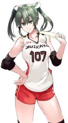 Rule 34 | 10s, 1girl, alternate breast size, breasts, cowboy shot, elbow pads, green hair, hand on own hip, kantai collection, ruuto (sorufu), shorts, simple background, smile, solo, sportswear, sweat, towel, twintails, volleyball uniform, white background, zuikaku (kancolle)