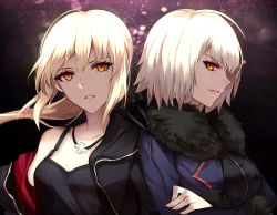 Rule 34 | &gt;:), 2girls, ahoge, artoria pendragon (all), artoria pendragon (fate), black ribbon, blonde hair, breasts, camisole, collarbone, cross, cross necklace, crossed arms, fate/grand order, fate (series), fur collar, hair ribbon, jacket, jeanne d&#039;arc (fate), jeanne d&#039;arc (ruler) (fate), jeanne d&#039;arc alter (fate), jeanne d&#039;arc alter (ver. shinjuku 1999) (fate), jewelry, long hair, looking at viewer, low ponytail, medium breasts, multiple girls, necklace, official alternate costume, open clothes, open jacket, orange eyes, pale skin, parted lips, profile, ribbon, saber (fate), saber alter, shigure s, short hair, silver hair, small breasts, smile, upper body, v-shaped eyebrows