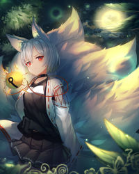 Rule 34 | 1girl, animal ear fluff, animal ears, black shirt, black skirt, blurry, blurry foreground, breasts, closed mouth, collarbone, commentary request, depth of field, fox ears, fox girl, fox tail, hair between eyes, highres, kitsune, kyuubi, long sleeves, looking at viewer, md5 mismatch, multiple tails, open clothes, original, pleated skirt, red eyes, resolution mismatch, revision, ribbon-trimmed sleeves, ribbon trim, shirt, short hair, silver hair, skirt, sleeves past wrists, small breasts, solo, source smaller, sugar (dndi888), tail, v-shaped eyebrows, wide sleeves