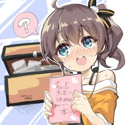 Rule 34 | 1girl, ?, ahoge, blue eyes, blush, book, brown hair, collarbone, commentary request, dated, ekakibito, hair ornament, hair ribbon, holding, holding book, hololive, looking at viewer, natsuiro matsuri, natsuiro matsuri (1st costume), open mouth, pectorals, portrait, ribbon, side ponytail, signature, simple background, solo, sweat, nervous sweating, virtual youtuber