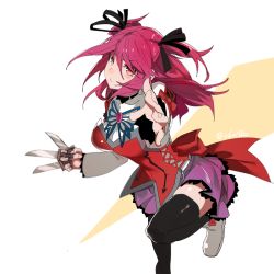 Rule 34 | 1girl, bad id, bad pixiv id, between fingers, black bow, black thighhighs, bow, brooch, brown eyes, cheria barnes, dagger, hair bow, holding, holding dagger, holding knife, holding weapon, hyakuhachi (over3), jewelry, knife, pink hair, purple skirt, red bow, shoes, short hair, simple background, skirt, solo, tales of (series), tales of graces, thighhighs, two side up, weapon, white footwear