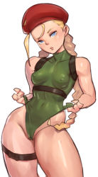 Rule 34 | 1girl, ahoge, beret, blonde hair, blublush, braid, cameltoe, cammy white, chest harness, cleft of venus, contrapposto, covered erect nipples, cowboy shot, green leotard, harness, hat, highleg, highleg leotard, highres, holster, leotard, leotard pull, long hair, low twintails, red hat, simple background, solo, street fighter, thigh holster, twin braids, twintails, wedgie, white background