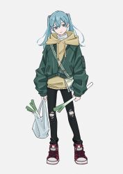 Rule 34 | 1girl, baggy clothes, blue hair, fashion, hatsune miku, head tilt, highres, spring onion, looking at viewer, mele ck, simple background, torn clothes, torn legwear, vocaloid, vocaloid append