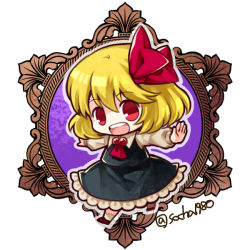 Rule 34 | 1girl, ascot, black skirt, black vest, blonde hair, brown footwear, chibi, frilled skirt, frills, full body, hair ribbon, long sleeves, looking at viewer, open mouth, outstretched arms, red ascot, red eyes, red ribbon, ribbon, rumia, shirt, short hair, skirt, smile, socha, solo, spread arms, touhou, twitter username, vest, white legwear, white shirt