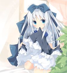 Rule 34 | 1girl, bed sheet, bloomers, blue bow, blue eyes, blue ribbon, blue skirt, blush, bow, closed mouth, clothes in mouth, clothes lift, commentary request, day, frilled skirt, frills, hair bow, indoors, kushida you, long hair, looking at viewer, mouth hold, original, puffy short sleeves, puffy sleeves, ribbon, shirt, short sleeves, silver hair, sitting, skirt, skirt in mouth, skirt lift, solo, underwear, very long hair, wariza, white bloomers, white shirt, window