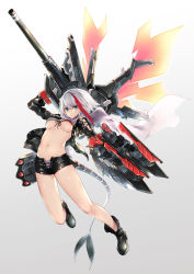 Rule 34 | 1girl, admiral graf spee (azur lane), arm up, azur lane, bikini, bikini top only, black footwear, black jacket, black shorts, blue eyes, blush, boots, breasts, capelet, closed mouth, commentary request, front-tie bikini top, front-tie top, gradient background, grey background, hair between eyes, highres, holding, holding weapon, huge weapon, jacket, long hair, long sleeves, looking at viewer, medium breasts, multicolored hair, navel, open clothes, open jacket, osisio, red hair, short shorts, shorts, silver hair, solo, streaked hair, swimsuit, underboob, weapon, white background, white capelet