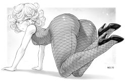 Rule 34 | 1girl, all fours, ass, ass focus, blush, bodysuit, breasts, cameltoe, cleft of venus, curly hair, fishnet bodysuit, fishnets, greyscale, high heels, huge ass, looking at viewer, looking back, mogudan, monochrome, one-punch man, open mouth, short hair, simple background, small breasts, tatsumaki, thick thighs, thighs, white background, wide hips