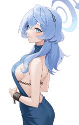 Rule 34 | 1girl, ako (blue archive), ako (dress) (blue archive), ass, backless dress, backless outfit, bare arms, bare back, bare shoulders, blue archive, blue dress, blue eyes, blue hair, blush, breasts, chain, commentary, cowboy shot, cuffs, dress, grin, highres, kuen (kuennn12), large breasts, long hair, looking at viewer, parted lips, shackles, sideboob, simple background, sleeveless, sleeveless dress, smile, solo, standing, white background