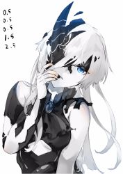 Rule 34 | 1girl, abyssal ship, asymmetrical horns, black one-piece swimsuit, blue eyes, character request, colored skin, completion time, hand up, head tilt, highres, horns, kantai collection, long hair, looking at viewer, neko (ganecooo), one-piece swimsuit, parted lips, simple background, single horn, solo, swimsuit, white background, white hair, white skin