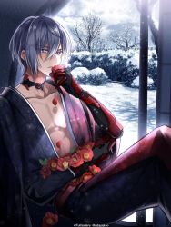 Rule 34 | 1boy, bare tree, black kimono, bright pupils, bush, camellia, closed mouth, cloud, collar, facial tattoo, feet out of frame, floral print, flower, fulgur ovid, grey eyes, grey hair, hair between eyes, highres, holding, holding flower, japanese clothes, kimono, looking ahead, male focus, mechanical arms, nijisanji, nijisanji en, odayakao, open clothes, open kimono, petals, red flower, red kimono, short hair, sitting, snow, snowing, solo, tattoo, tree, two-tone kimono, virtual youtuber, white pupils, winter