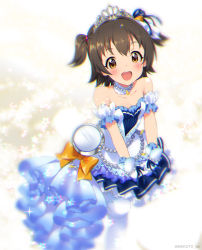 Rule 34 | 10s, 1girl, akagi miria, black hair, blurry, blush, breasts, brown eyes, chromatic aberration, cleavage, depth of field, frilled skirt, frills, idolmaster, idolmaster cinderella girls, idolmaster cinderella girls starlight stage, looking at viewer, mizuki makoto, open mouth, short hair, skirt, small breasts, smile, solo, tiara, twintails, two side up