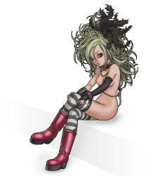 Rule 34 | 1girl, blonde hair, boots, breasts, bridal gauntlets, chain, collar, curly hair, dragon quest, dragon quest swords, earrings, elbow gloves, feather hair ornament, feathers, gloves, grey eyes, hair ornament, jewelry, long hair, looking at viewer, necklace, nipples, nude, nude filter, setia, solo, spiked collar, spikes, striped clothes, striped thighhighs, thighhighs, third-party edit, toriyama akira