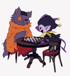 Rule 34 | board game, buttons, cat, chair, chess, chess piece, chessboard, colored skin, deltarune, fang, hat, highres, jester cap, jevil, no humans, orange tunic, patch, playing games, purple fur, purple skin, scar, seam (deltarune), simple background, smile, table, tail, tunic, white background, y o u k a