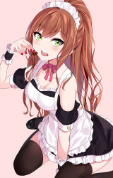 Rule 34 | 1girl, alternate costume, apron, arm support, asato (fadeless), bang dream!, bare shoulders, between legs, black footwear, black thighhighs, blush, breasts, brown hair, candy, chocolate, chocolate heart, cleavage, commentary request, enmaided, food, foot out of frame, frilled apron, frills, from above, green eyes, hand between legs, heart, high ponytail, highres, holding, holding chocolate, holding food, imai lisa, leaning forward, long hair, looking at viewer, maid, maid apron, maid headdress, medium breasts, nail polish, neck ribbon, open mouth, pink background, pink ribbon, puffy short sleeves, puffy sleeves, red nails, ribbon, short sleeves, sidelocks, simple background, sitting, solo, swept bangs, thighhighs, valentine, wariza, wavy hair, white apron, wide ponytail, wristband