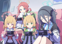 Rule 34 | 4girls, animal ear headphones, animal ears, aris (blue archive), black hair, blonde hair, blue archive, blue eyes, blush, bottomless, bow, cat ear headphones, closed eyes, collared shirt, couch, fake animal ears, green eyes, hair bow, hairband, halo, handheld game console, headphones, high collar, highres, holding, holding handheld game console, hood, hoodie, indoors, knees up, long bangs, long hair, long sleeves, midori (blue archive), momoi (blue archive), multiple girls, necktie, on couch, one side up, open mouth, pink eyes, red hair, shirt, siblings, sisters, sitting, smile, sticker, tail, tyakomis, yuzu (blue archive)