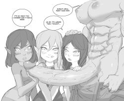 Rule 34 | 1futa, 1girl, 4girls, breasts, creejo, elf, erection, futa with female, futanari, height difference, highres, huge penis, large breasts, long hair, looking at viewer, medium breasts, monochrome, multiple girls, muscular, orc, original, penis, penis awe, penis to the knees, pointy ears, simple background, size difference, smile, testicles, tongue, tongue out, white background