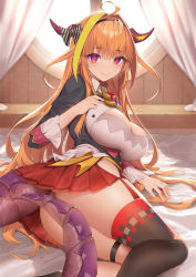 Rule 34 | 1girl, ahoge, bed sheet, black thighhighs, blonde hair, bow, breasts, cleavage, curtains, dragon girl, dragon horns, dragon tail, gradient eyes, highres, hip vent, hololive, horn bow, horn ornament, horns, jewelry, kiryu coco, kiryu coco (1st costume), large breasts, long hair, looking at viewer, lying, multicolored eyes, multicolored hair, necklace, official art, on side, orange hair, oshioshio, pleated skirt, purple eyes, purple tail, red eyes, red skirt, round window, single thighhigh, skirt, smile, solo, streaked hair, tail, tail censor, thigh strap, thighhighs, thighs, very long hair, virtual youtuber, window