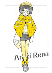 Rule 34 | 1girl, :o, araki rena, badge, bag, beanie, blush, bob cut, breast pocket, button badge, cable, character name, cross-laced footwear, dotted line, earphones, eyelashes, full body, glasses, hands in pockets, hat, jacket, lightning bolt symbol, listening to music, long sleeves, miniskirt, musical note, open clothes, open jacket, outside border, pantyhose, partially colored, pocket, quaver, reika (clovia studio), round eyewear, shoes, short hair, shoulder bag, simple background, skirt, smiley face, sneakers, solo, stitches, tokyo 7th sisters, walking, white background, yellow eyes, yellow hat, yellow jacket, yellow pantyhose, yellow theme