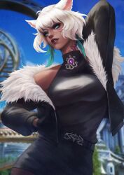 Rule 34 | 1girl, absurdres, animal ears, arm up, black skirt, blurry, blurry background, breasts, cat ears, dark-skinned female, dark skin, facial mark, feather hair ornament, feathers, final fantasy, final fantasy xiv, fur collar, grey eyes, hair ornament, halter shirt, halterneck, hand in pocket, highres, jacket, looking at viewer, medium breasts, miqo&#039;te, monori rogue, neck tattoo, open clothes, open jacket, parted lips, short hair, skirt, solo, tattoo, whisker markings, white hair, y&#039;shtola rhul