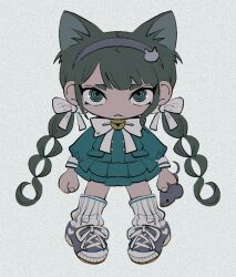 Rule 34 | 1girl, animal, animal ears, bell, bow, bowtie, buttons, cat ears, cat hair ornament, chabashira tenko, chibi, clenched hand, danganronpa (series), danganronpa v3: killing harmony, double-breasted, drill hair, frown, green shirt, green skirt, grey background, hair bow, hair ornament, hairband, heart, holding, holding animal, layered skirt, long hair, long sleeves, looking at viewer, miniskirt, mouse (animal), neck bell, pink hairband, pleated skirt, sema (vivaviva 02), shirt, shoes, simple background, skirt, socks, solo, twin drills, twintails, white bow, white bowtie