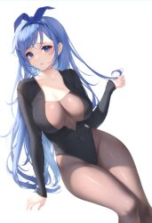 Rule 34 | 1girl, absurdres, black leotard, blue eyes, blue hair, blue ribbon, bodystocking, borrowed character, breasts, cleavage, commentary, feet out of frame, groin, hair ribbon, hand up, highres, large breasts, leotard, long hair, long sleeves, bae minah (chaesu), original, ribbon, simple background, sitting, solo, thighs, very long hair, white background, yaomeii