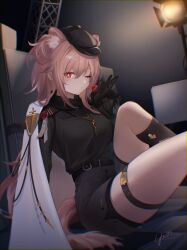 Rule 34 | 1girl, absurdres, animal ears, arknights, black gloves, black hat, black shirt, black shorts, black socks, blush, breasts, bright pupils, cape, extra ears, gloves, gravel (arknights), hat, heart, highres, indoors, jewelry, knee up, long hair, looking at viewer, medium breasts, necklace, one eye closed, pink hair, red eyes, shirt, shirt tucked in, shorts, sitting, socks, solo, stage lights, tail, thighs, white cape, white pupils, yunnasu