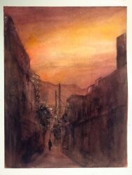 Rule 34 | 1boy, alley, building, city, cloud, cloudy sky, commentary request, day, highres, orange sky, original, painting (medium), power lines, road, scenery, shadow, sky, street, sunlight, sunset, tlctm7h8wdwnthx, traditional media, utility pole, watercolor (medium)