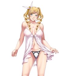 Rule 34 | 1girl, aqua eyes, babydoll, blonde hair, breasts, celine verxina, cleavage, closed game, collarbone, cowboy shot, drill hair, hair ornament, hairclip, heart, heart tattoo, lingerie, long hair, looking at viewer, naughty face, navel, negligee, panties, see-through, sei shoujo, smile, solo, swept bangs, tattoo, thong, transparent background, twintails, underwear