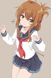 Rule 34 | 1girl, ahoge, anchor symbol, badge, black sailor collar, black skirt, brown background, brown eyes, brown hair, commentary request, cowboy shot, folded ponytail, highres, inazuma (kancolle), kantai collection, long hair, long sleeves, looking at viewer, neckerchief, pleated skirt, red neckerchief, sailor collar, shirt, skirt, solo, standing, tamayan, twitter username, white shirt
