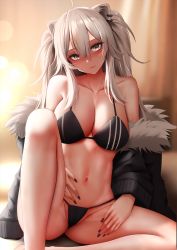 Rule 34 | 1girl, ahoge, animal ear fluff, animal ears, bare shoulders, bikini, black bikini, black nails, blurry, blurry background, breasts, cleavage, closed mouth, collarbone, ear piercing, fur-trimmed jacket, fur trim, ginhaha, grey eyes, groin, highres, hololive, jacket, knee up, large breasts, lion ears, long hair, looking at viewer, mixed-language commentary, nail polish, navel, off shoulder, piercing, shishiro botan, sidelocks, sitting, solo, swimsuit, thighs, two side up, virtual youtuber, white hair