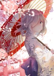 Rule 34 | 10s, 1girl, :o, alternate hair length, alternate hairstyle, bad id, bad pixiv id, blue eyes, blurry, cherry blossoms, depth of field, flower, from side, hair flower, hair ornament, hair over one eye, hamakaze (kancolle), highres, holding, holding umbrella, japanese clothes, kantai collection, kimono, long sleeves, looking at viewer, mao ge, obi, oil-paper umbrella, one eye covered, over shoulder, parted lips, petals, pink flower, print kimono, railing, red flower, sash, silver hair, solo, umbrella, upper body, white background, wide sleeves