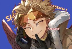 Rule 34 | !, 1boy, black gloves, black shirt, blonde hair, blue background, boku no hero academia, brown jacket, buttons, cellphone, derivative work, ear piercing, earrings, eyebrows, eyeliner, feathered wings, finger to mouth, fur trim, gloves, goggles, goggles on head, hawks (boku no hero academia), holding, holding phone, jacket, jewelry, kadeart, makeup, one eye closed, pale skin, phone, piercing, red wings, screenshot redraw, shirt, short hair, shushing, smartphone, smile, sound effects, sparkle, wings, wink, yellow eyes
