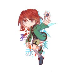 Rule 34 | 1other, androgynous, black shirt, brown shorts, chibi, chinese commentary, closed mouth, collared shirt, commentary request, green footwear, green jacket, gun4321, highres, jacket, len&#039;en, long sleeves, medium hair, open clothes, open jacket, other focus, red eyes, red hair, shirt, shitodo hooaka, shorts, simple background, smile, socks, solo, translation request, transparent background, white socks