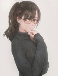 Rule 34 | 1girl, absurdres, black sweater, blush, breasts, brown eyes, brown hair, closed mouth, free style (yohan1754), glasses, grey background, highres, large breasts, long hair, long sleeves, looking at viewer, original, parted lips, ponytail, ribbed sweater, simple background, solo, sweater, swept bangs, turtleneck, turtleneck sweater