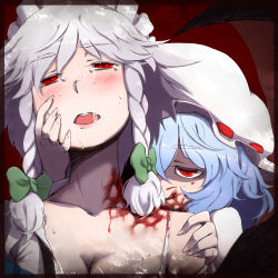 Rule 34 | 2girls, bad id, bad pixiv id, biting, blood, blue hair, blush, braid, breasts, cleavage, daitai konna kanji, face, female focus, fingernails, hair over one eye, hand on another&#039;s face, hand on shoulder, izayoi sakuya, licking lips, maid, medium breasts, multiple girls, neck biting, off shoulder, open mouth, red eyes, remilia scarlet, saliva, short hair, shoulder grab, silver hair, smile, sweat, tears, tongue, tongue out, touhou, twin braids, vampire