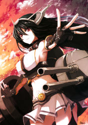 Rule 34 | 10s, 1girl, armpits, bare shoulders, black hair, blush, breasts, brown hair, cannon, cloud, elbow gloves, fingerless gloves, gloves, hair ornament, hairband, headgear, kantai collection, kuronuko neero, large breasts, long hair, midriff, nagato (kancolle), navel, outstretched arms, outstretched hand, personification, red eyes, skirt, sky, solo, spread arms, sunset, thighhighs, turret