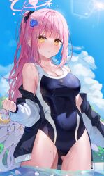 Rule 34 | 1girl, absurdres, black jacket, black one-piece swimsuit, blue archive, blue sky, blunt bangs, breasts, cleavage, cloud, collarbone, competition swimsuit, day, feathered wings, flower, hair flower, hair ornament, hair scrunchie, halo, highres, jacket, knowa, lens flare, long hair, looking at viewer, medium breasts, mika (blue archive), multicolored clothes, multicolored hair, multicolored jacket, one-piece swimsuit, outdoors, parted lips, partially submerged, pink hair, ponytail, scrunchie, sidelocks, sky, standing, sun, swimsuit, thighs, two-tone hair, two-tone jacket, two-tone swimsuit, very long hair, wading, wet, white hair, white jacket, white one-piece swimsuit, wings, yellow eyes