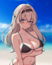 Rule 34 | 1girl, arm at side, arm under breasts, bikini, black bikini, black hairband, blue eyes, blue hair, blue pupils, blurry, blurry background, blush, breasts, cleavage, closed mouth, collarbone, day, firefly (honkai: star rail), gradient hair, grey hair, hair between eyes, hairband, highres, honkai: star rail, honkai (series), horizon, kordierite, large breasts, long hair, looking at viewer, multicolored hair, navel, ocean, outdoors, pink eyes, sidelocks, signature, smile, solo, stomach, string bikini, swimsuit, two-tone eyes, upper body