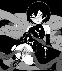 Rule 34 | 1girl, akableak, arms at sides, ass, bare shoulders, black background, black gloves, black hair, black pants, black shirt, blush, bob cut, bound, bound arms, bound legs, breasts, clenched teeth, clitoral hood, clitoris, closed eyes, commentary, cum, cum on clothes, elbow gloves, embarrassed, english commentary, feet out of frame, gloves, grey background, greyscale, grimace, groin, hair between eyes, high contrast, highres, looking at viewer, lying, monochrome, monogatari (series), nose blush, on back, oshino ougi, outline, pants, parted lips, pussy, raised eyebrows, shirt, short hair, sleeveless, sleeveless shirt, sleeveless turtleneck, small breasts, solo, spread by another, spread legs, spread pussy, sweatdrop, teeth, tentacle sex, tentacles, torn clothes, torn pants, turtleneck, uncensored, urethra, urethral insertion, white outline, wide spread legs, wince